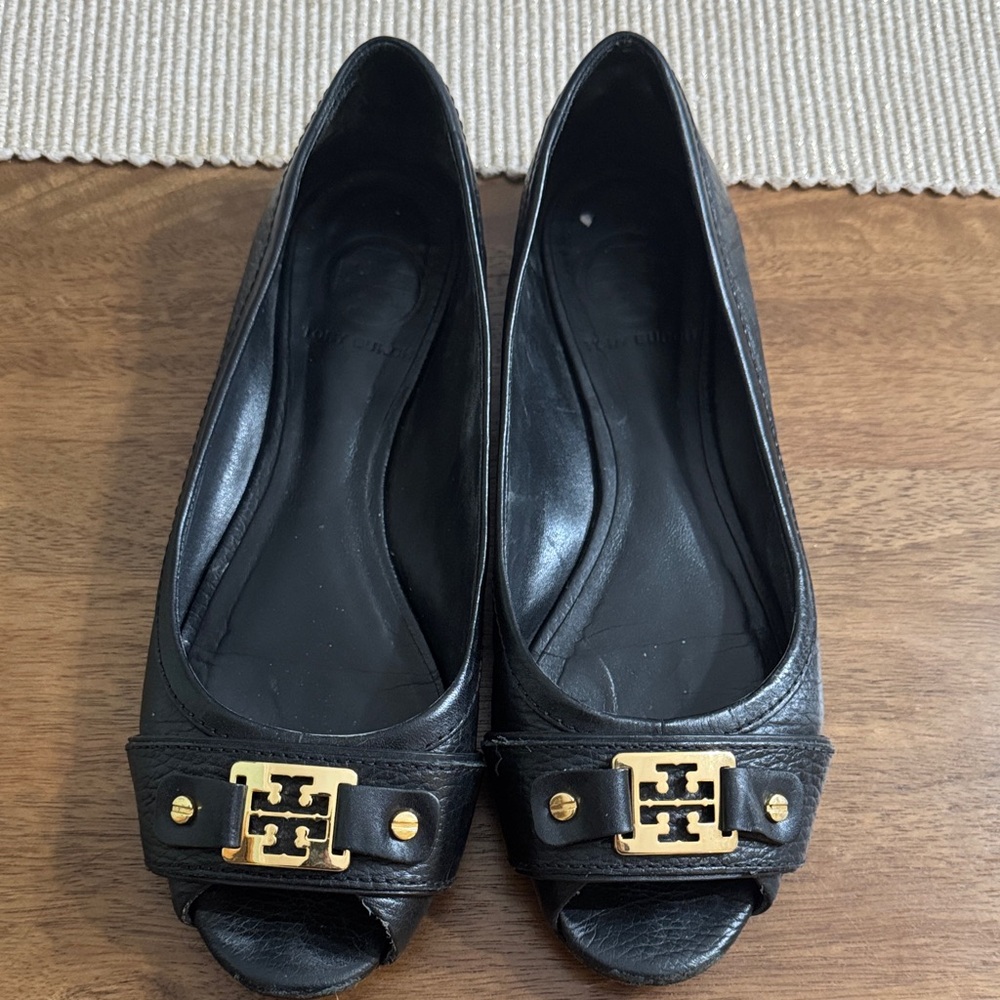 Tory Burch Black Flats with Gold Accents